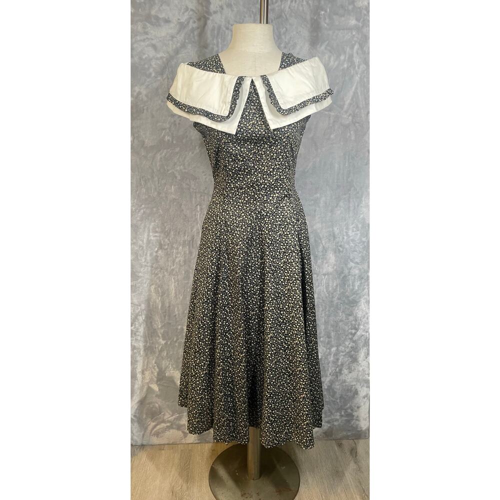 Vintage cottage huge‎ collar micro floral ditzy circle skirt dress S fit flare
